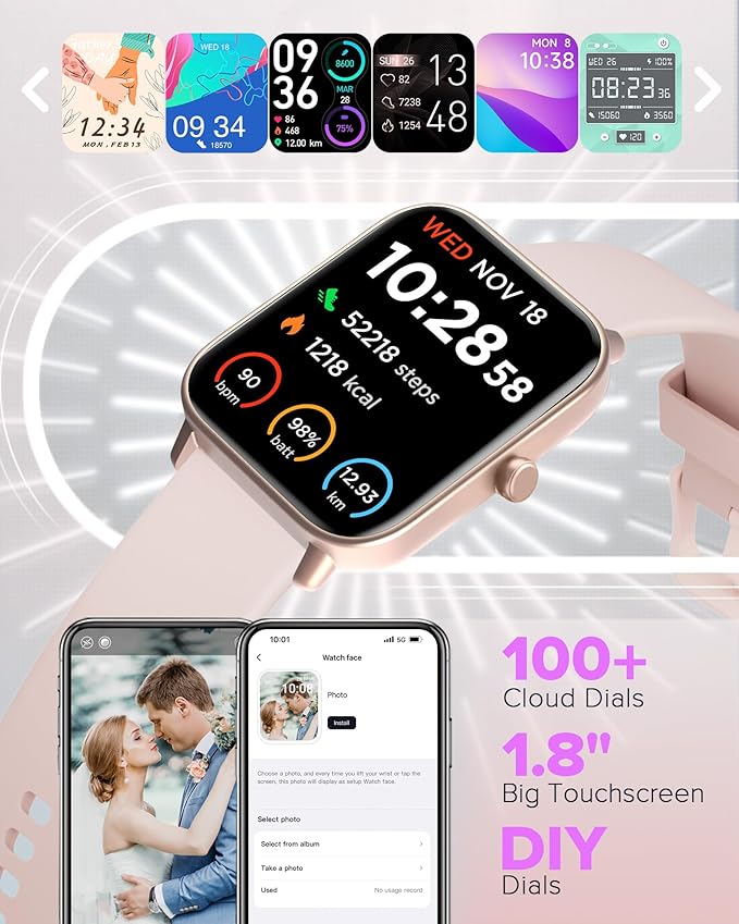 Smart Watches for Women, 1.8 Inches Fitness Tracker with Alexa Built-in & Bluetooth Calling, Compatible with Android iPhone, Waterproof, Heart Rate Sleep Monitor, Includes 2 Bands - Light Pink