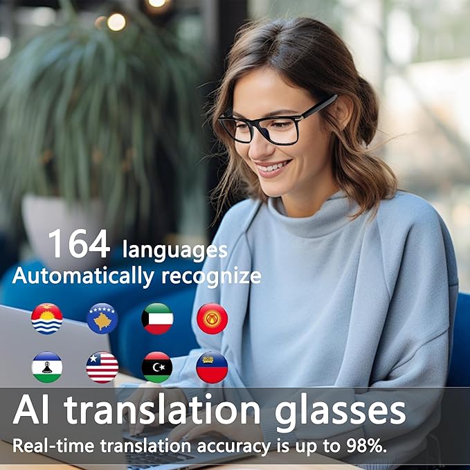 AI Smart Glasses, Bluetooth 5.3 Glasses for Men Women ,Translation Glasses with 164 Language,Physical Color Changing Lens, Music Playback & Hands-Free Calling,Design for Travel/Meeting/Business (M01)