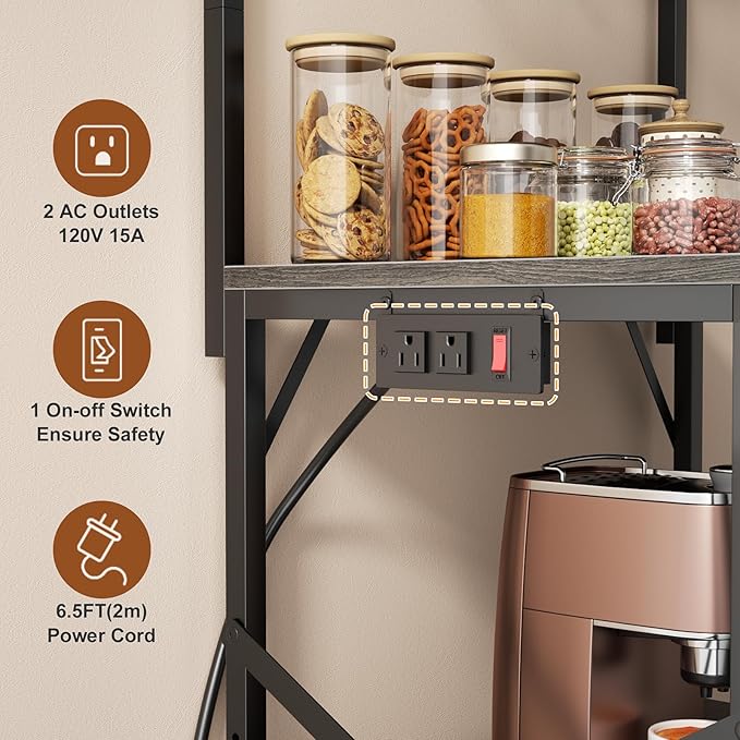 Kitchen Bakers Rack with Power Outlet, Small Coffee Bar Cart 4 Tiers, Microwave Stand with 8 Hooks, Adjustable Shelf, Freestanding Kitchen Appliance Stand, Black Oak