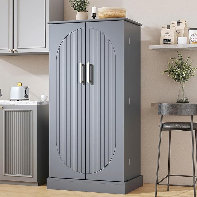 47" Tall Kitchen Pantry Cabinet, Grey Pantry Storage Cabinet with Adjustable Shelves, Barn Doors and Drawer Farmhouse Cupboard for Kitchen, Dining Room, Bathroom (16" D x 24" W x 47")