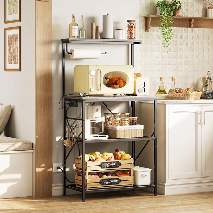 Huuger 4-Tier Bakers Rack with Reversible Power Outlet, 23.6 Inch Microwave Stand with Paper Towel Holder, Kitchen Bar, Larger Storage with Top Shelf, 6 S Hooks, Greige