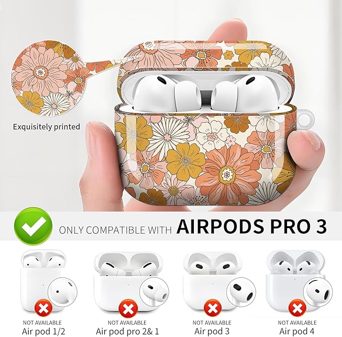 Compatible with AirPod Pro 3 (2025),Cute Case Cover for Women & Men, Full Protection Shockproof Hard Case with Keychain, Wireless Charging Case Accessories(Selenia Floral)