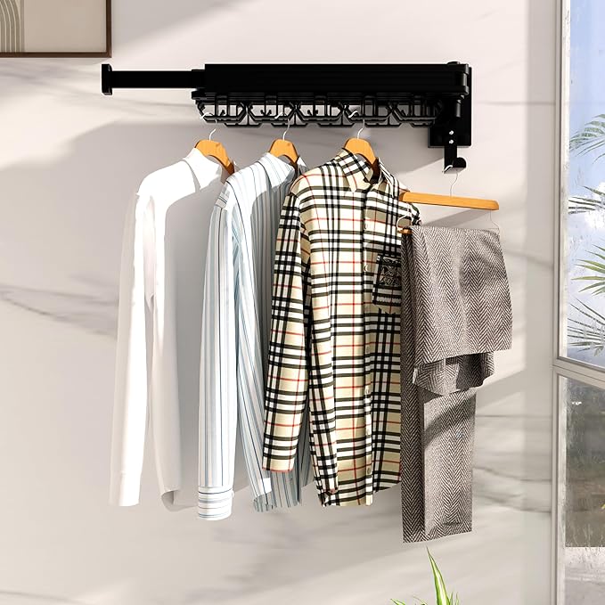 Clothes Drying Rack, Wall Mounted Laundry Drying Rack, Upgrade 3-Fold Foldable Collapsible Retractable Clothing Drying Rack with 12 Dual Hooks Organization for Laundry Room Indoor- Black