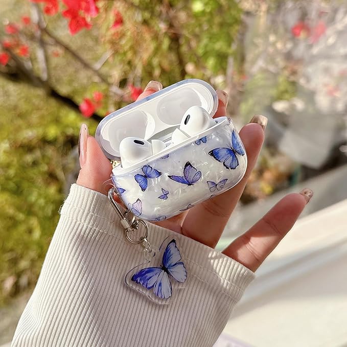 Cute Airpod Pro 2 Case (2022/2023) with Keychain White Marble Hard TPU Protective Cover Compatible with AirPods Pro 2nd Generation Case for Girls Women (Bluish-Purple Butterfly)