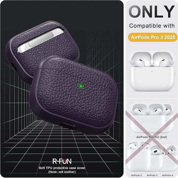 R-fun for Airpods Pro3 Case, Soft TPU (Leather-Like Design) Drop Protection Cover for Men and Women with Lanyard and Cleaner Kit, Compatible with Apple Latest Airpods Pro3 Generation-Purple