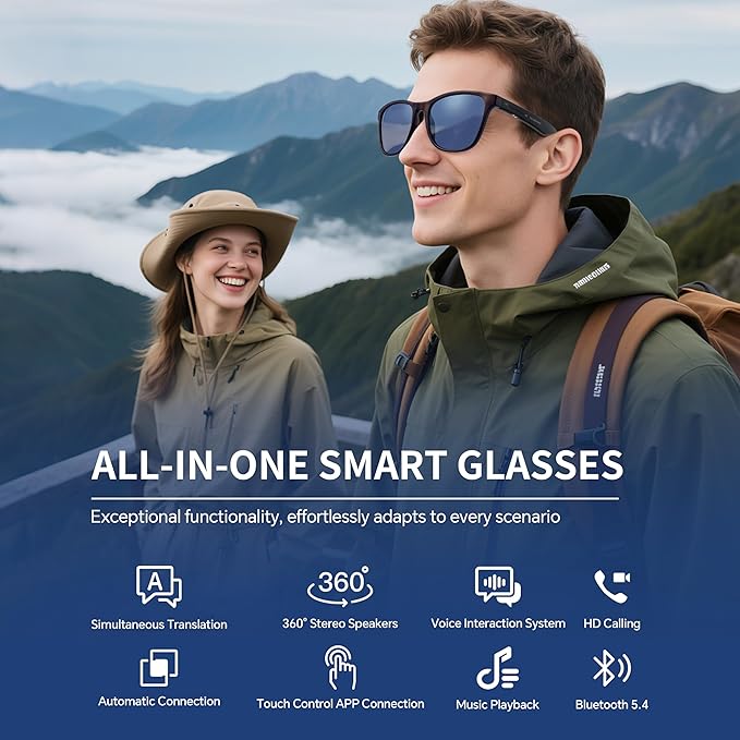Smart Glasses,Bluetooth Glasses with 2pcs Replacement Lenses 160 Language 5.4 Translation Glasses UV Protection Bluetooth Sunglasses for Men Lightweight Design for Travel,Work,Business,Fishing,Driving
