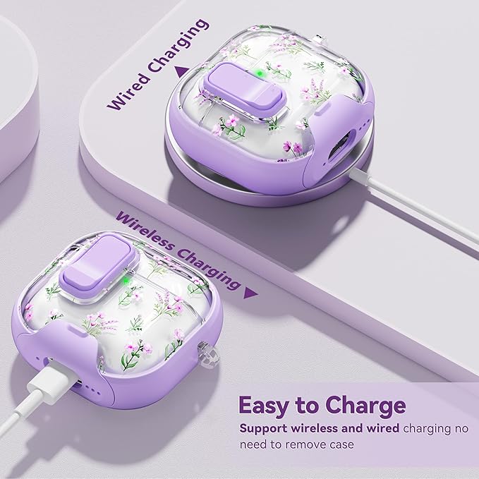 with Safety Lock for Apple AirPods 4 Case,Clear Floral Cute AirPod 4th Generation Case with Phone Stand & Cleaning Kit for Women Girly-Purple Narcissus