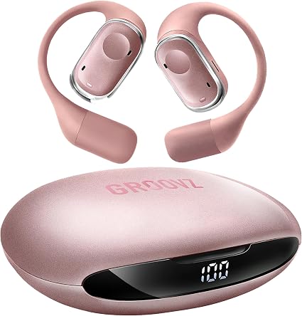 Groovz Open-Ear Plus True Wireless Headphones with Battery Display - Designed & Engineered in the USA - Multi-Point Pairing Bluetooth Open Ear Earbuds Compatible with Apple & Android - Rose Gold