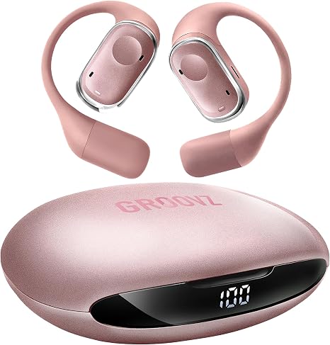 Groovz Open-Ear Plus True Wireless Headphones with Battery Display - Designed & Engineered in the USA - Multi-Point Pairing Bluetooth Open Ear Earbuds Compatible with Apple & Android - Rose Gold