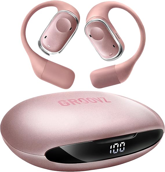 Groovz Open-Ear Plus True Wireless Headphones with Battery Display - Designed & Engineered in the USA - Multi-Point Pairing Bluetooth Open Ear Earbuds Compatible with Apple & Android - Rose Gold
