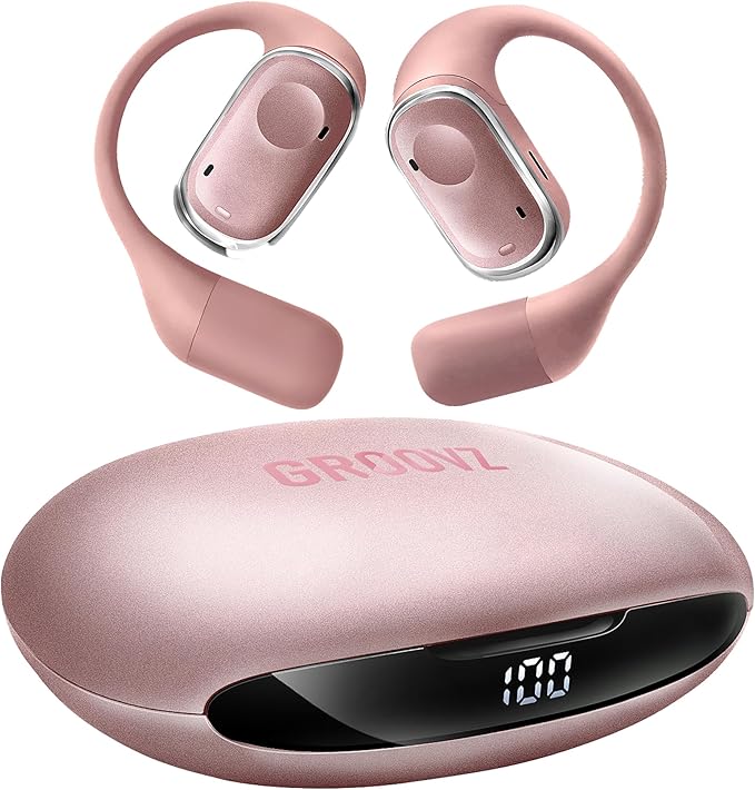 Groovz Open-Ear Plus True Wireless Headphones with Battery Display - Designed & Engineered in the USA - Multi-Point Pairing Bluetooth Open Ear Earbuds Compatible with Apple & Android - Rose Gold