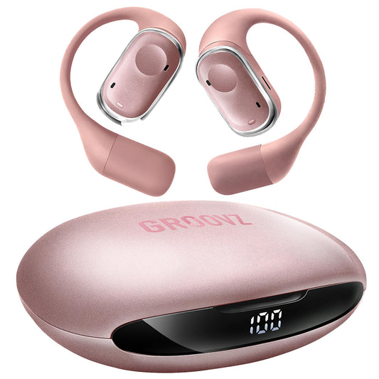 Groovz Open-Ear Plus True Wireless Headphones with Battery Display - Designed & Engineered in the USA - Multi-Point Pairing Bluetooth Open Ear Earbuds Compatible with Apple & Android - Rose Gold