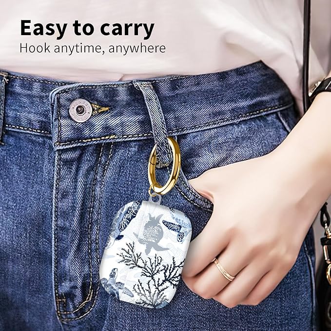 Compatible with Airpod pro 2nd/1st Generation Case Cover with Gold Round Keychain Cute Pattern Hard & Anti Slip Cover for Men Women & Girls（Swimming Turtles）
