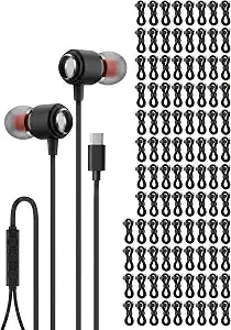 Ember 100 Pack USB C Headphones Wired Earbuds for iPhone 17 16 15 Pro Max, Bulk Type C Earbuds with Microphone for School Classroom Library, Wired USBC Headphones for iPad, Samsung Galaxy, Black