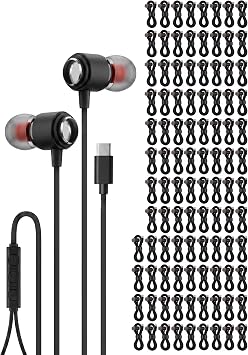 Ember 100 Pack USB C Headphones Wired Earbuds for iPhone 17 16 15 Pro Max, Bulk Type C Earbuds with Microphone for School Classroom Library, Wired USBC Headphones for iPad, Samsung Galaxy, Black