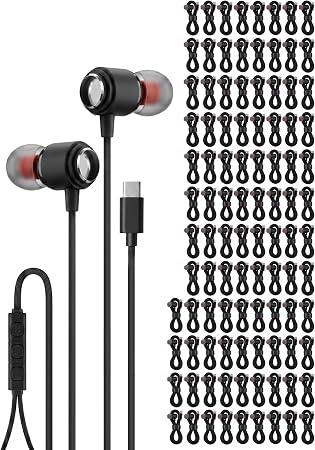 Ember 100 Pack USB C Headphones Wired Earbuds for iPhone 17 16 15 Pro Max, Bulk Type C Earbuds with Microphone for School Classroom Library, Wired USBC Headphones for iPad, Samsung Galaxy, Black