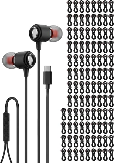 Ember 100 Pack USB C Headphones Wired Earbuds for iPhone 17 16 15 Pro Max, Bulk Type C Earbuds with Microphone for School Classroom Library, Wired USBC Headphones for iPad, Samsung Galaxy, Black