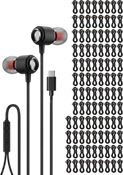 Ember 100 Pack USB C Headphones Wired Earbuds for iPhone 17 16 15 Pro Max, Bulk Type C Earbuds with Microphone for School Classroom Library, Wired USBC Headphones for iPad, Samsung Galaxy, Black