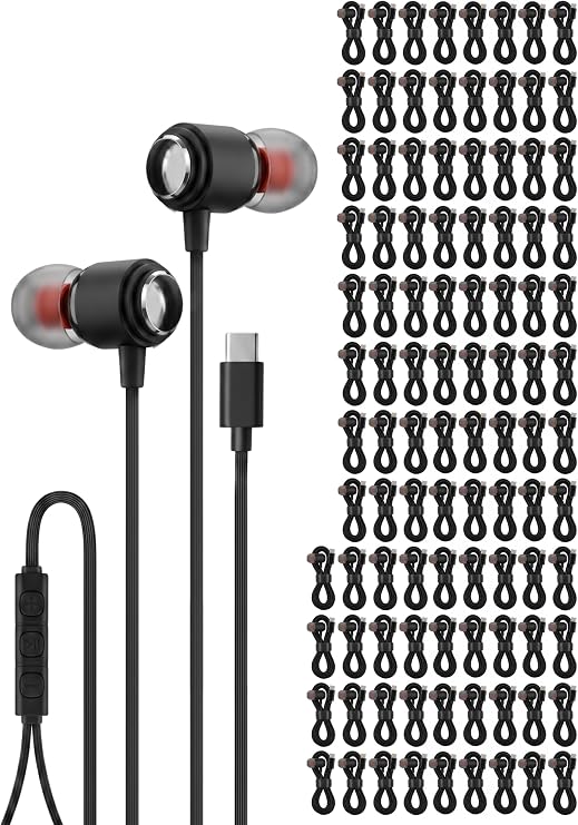 Ember 100 Pack USB C Headphones Wired Earbuds for iPhone 17 16 15 Pro Max, Bulk Type C Earbuds with Microphone for School Classroom Library, Wired USBC Headphones for iPad, Samsung Galaxy, Black