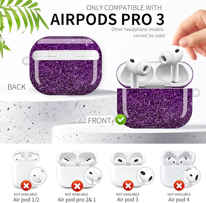 Compatible with AirPod Pro 3rd Generation Case 2025,Fashion Protective Cover with Keychain, Anti-Scratch, Drop Protection,Shockproof Cover for AirPod Pro 3 Women(Shiny Purple)
