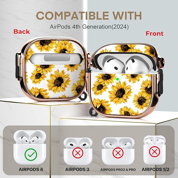 Maxjoy for AirPods 4 Case with Lock, Flower AirPods 4 Case Lock Protective Hard Cute AirPod 4 Generation Cover for Women Girly with Keychain Clip for AirPod 4th Generation Cover 2024, Sunflower