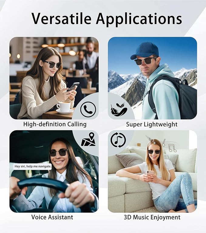 Smart Glasses, Bluetooth 5.4 Sunglasses for Men & Women with Open Ear Speaker, Voice Assistant Compatible, Blue Light Filter & UV Pretection Lenses for Android/iOS, Half Frame Sunglasses, Black