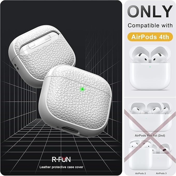 R-fun for Airpods 4 Case, Soft TPU (Leather-Like Design) Drop Protection Cover for Men and Women with Lanyard and Cleaner Kit, Compatible with Apple Latest Airpods 4th Gen(USB-C)(2024)-White