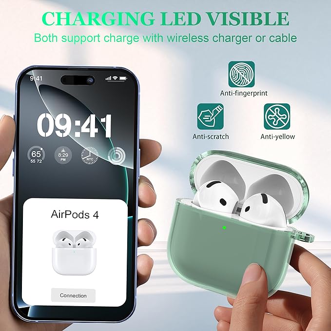 for AirPods 4th Generation Case Cover 2024, Military-Grade Shockproof, Soft TPU Highly Transparent Anti-Yellowing for AirPods 4 Case with Cleaning Kit & Cute Round Buckle, Clear Green