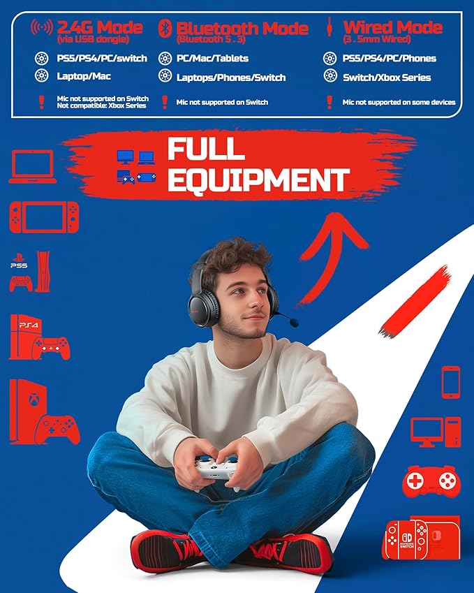 BINNUNE Wireless Gaming Headset with Mic, Lightweight Over-Ear Gaming Headphones Comfort for Long Gaming Sessions, Low Latency Wireless + Bluetooth, Noise Cancelling Mic, 50mm Drivers, 40H Battery