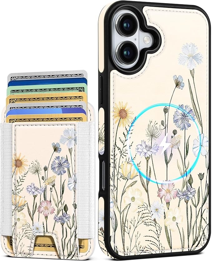 Shorogyt for iPhone 17 Wallet Case - Fits 5 Cards, Compatible with Magsafe Detachable Magnetic Credit Card Holder Leather Cardholder Cute Phone Cover Women Girls for Apple 17, Color Flower