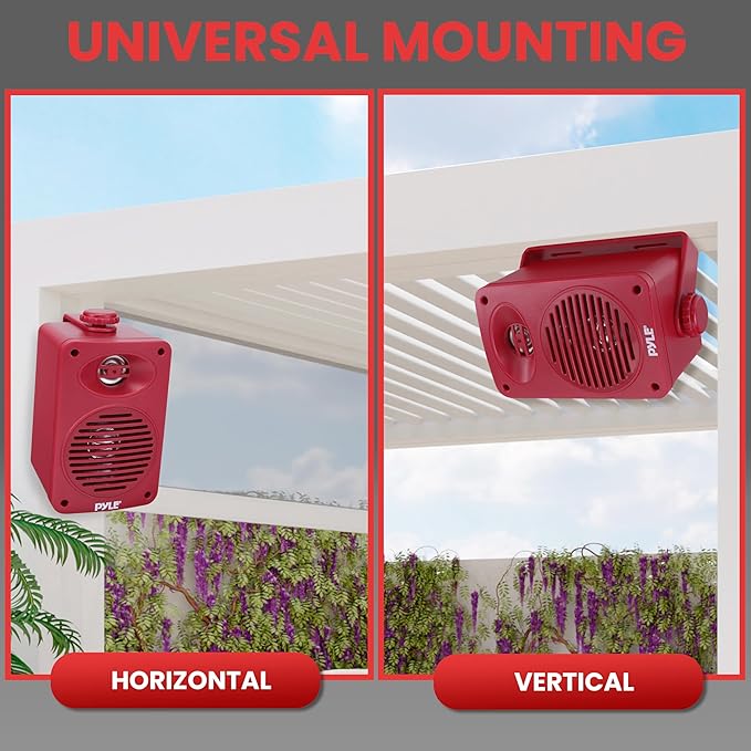 Pyle 200 Watt Bluetooth Indoor Outdoor Speakers Pair - Dual Waterproof 3.5” 2-Way Full Range Speaker System w/ 1/2” High Compliance Polymer Tweeter | Home, Boat, Marine, Deck, Patio, Poolside (Red)