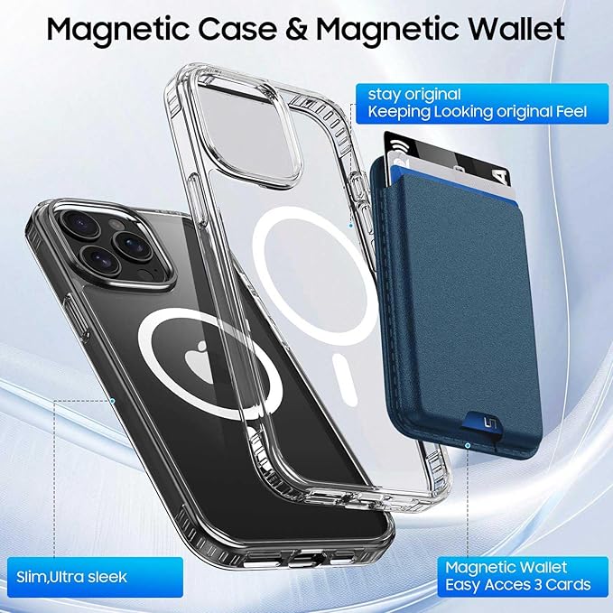 Magnetic for iPhone 14 Pro Max Clear Case with Blue Card Holder, Compatible with MagSafe, Slim Shockproof Phone Cover with Detachable Wallet, Built-in Magnet Ring