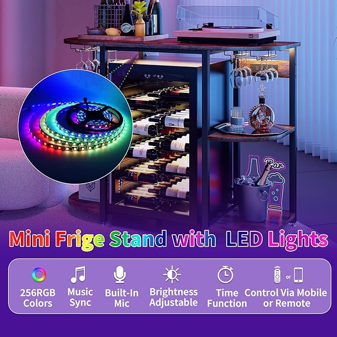 Mini Fridge Stand with Power Outlet and Led Light,Microwave Stand with Storage,Mini Fridge Cabinet with Wine Rack ,Bar Cabinet with Fridge Suitable for Kitchen,Dining Room,Living Room, Rustic Brown