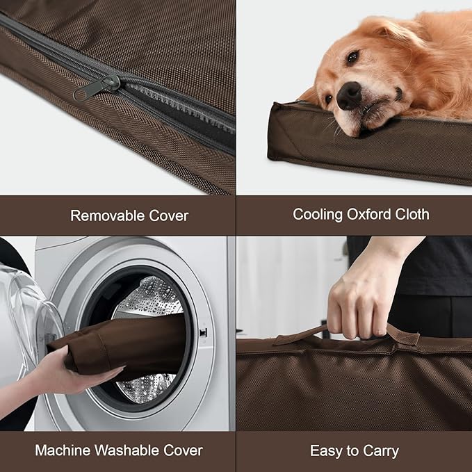 Outdoor All Weather XL Dog Bed, Waterproof Dog Bed for Extra Large Dogs, Orthopedic Egg Crate Foam Pet Bed with Removable Washable Oxford Cooling Cover, 44x32 Inch, Brown