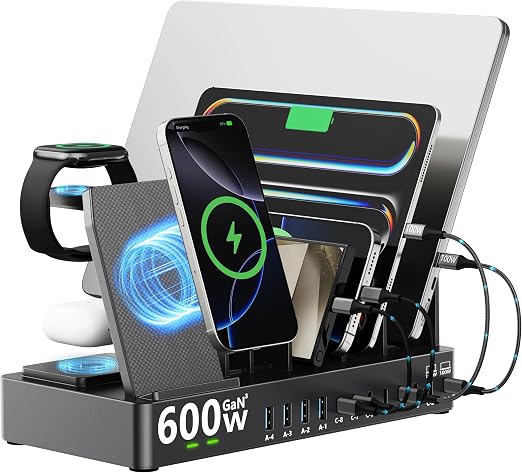 600W 3‑in‑1 Wireless Charger Stand for iPhone with 12‑Port Charging Station