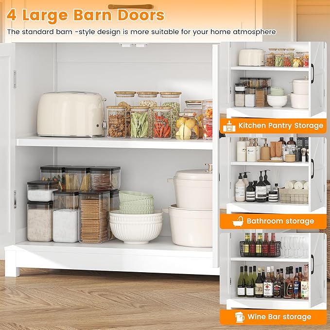 Semoic 69.3" Tall Kitchen Pantry Cabinet, Farmhouse Large Storage Cabinet with 2 Barn Doors, 1 Drawer and Storage Shelves, Buffet Cupboard Kitchen Hutch with Wide Countertop and Charge Holes, White