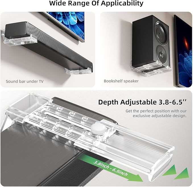 ELETIUO Soundbar Wall Mount Bracket,Depth Adjustable 3.8-6.5 inch,Universal Sound Bar Mount Under TV for Samsung, Sony, LG, Vizio, Bose, JBL, Sonos, Holds up to 50 lbs,Transparent
