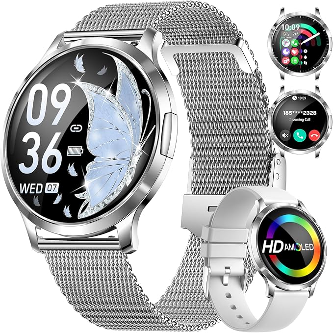 DREMAC Smart Watch(Make Call/Thin),1.32'' Amoled Curved Display for Android iPhone,Smart Watches for Women with Heart Rate Monitor,Sleep Monitor,Pedometer,IP68 Waterproof Fitness Tracker,Silver Metal
