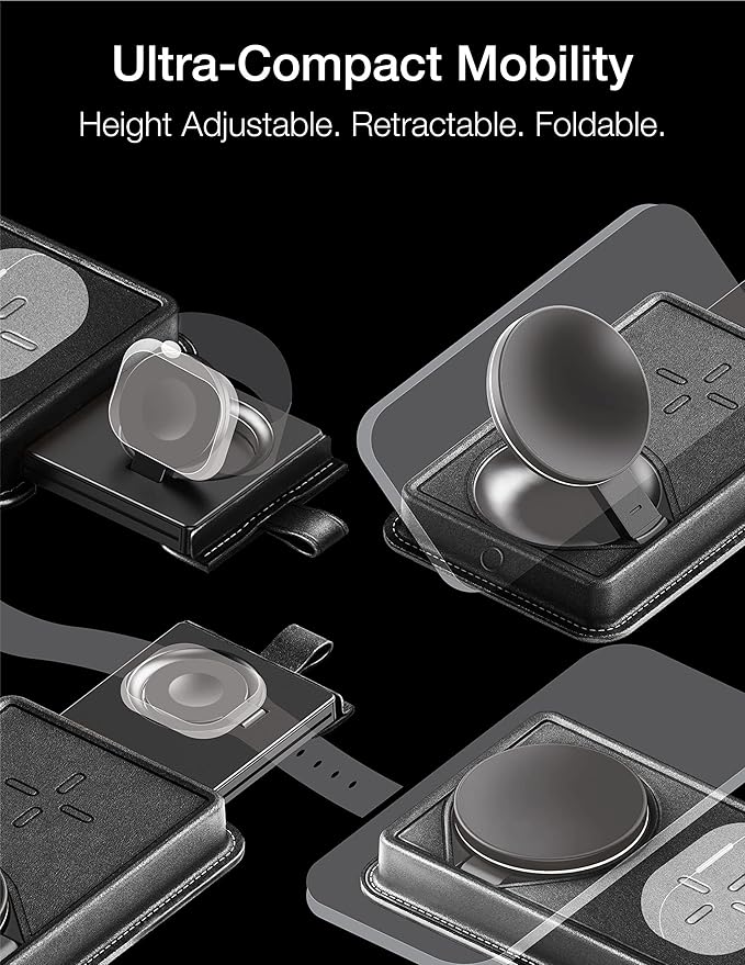 VogDUO 3 in 1 Wireless Magnetic Charger - Foldable Retractable 15W Charging Stand Genuine Leather Nightlight, Compatible with iPhone 16/17, AirPods Pro 3, Apple Watch (Black)