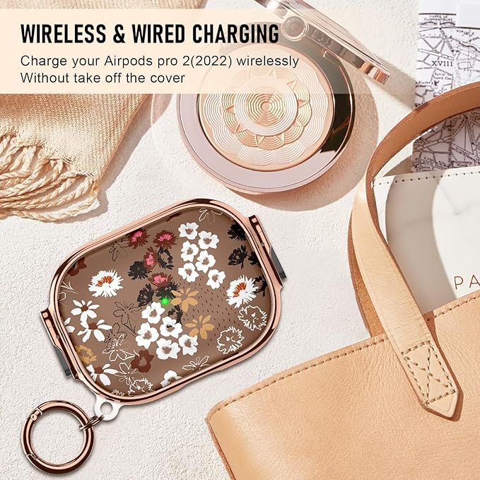 Maxjoy for Cute Airpods Pro 2 case with Safety Lock,Compatible Airpods Pro Case 2nd/1st Gen,Compatible White Flowers AirPods Case Cover for Women Girly with Keychain-Brown