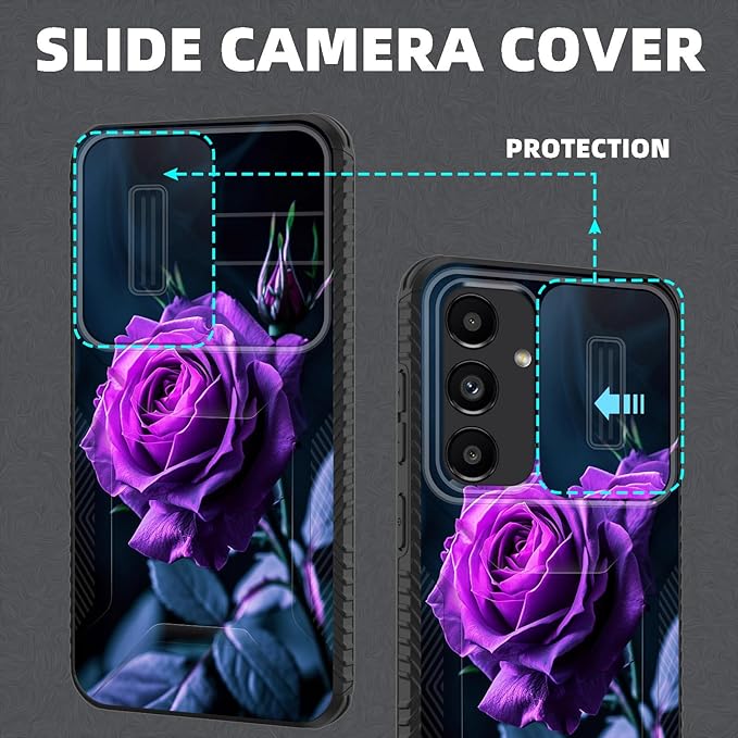for Galaxy S26 Plus Case Built in Slide Camera Lens Cover,Heavy Duty Shockproof Protection Dual Layer Case for Samsung Galaxy S26 Plus 6.7" 2026,Purple Flower Rose