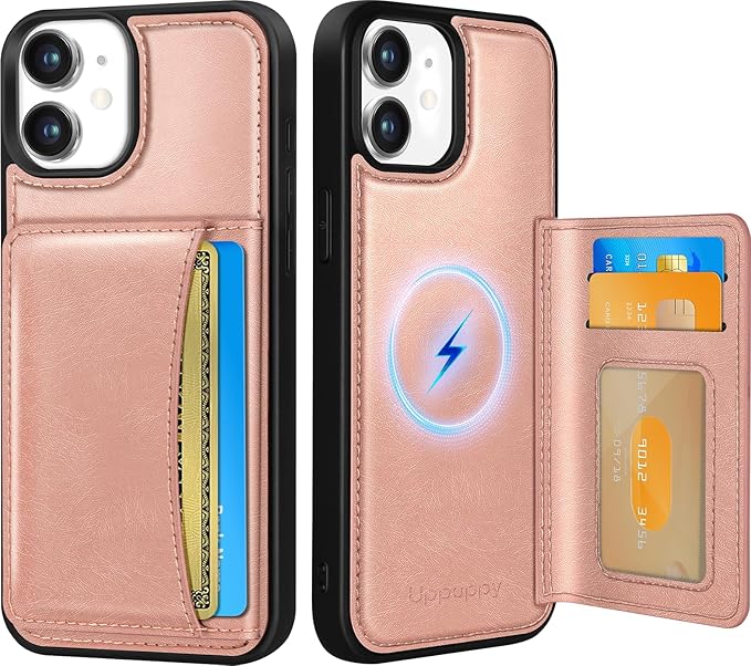 for iPhone 11 Case with Wallet - Fits 4 Card Slots, Compatible with MagSafe for Women Aesthetic Durable PU Leather Credit Card Holder Kickstand Phone Cover for Apple 11, Rose Gold