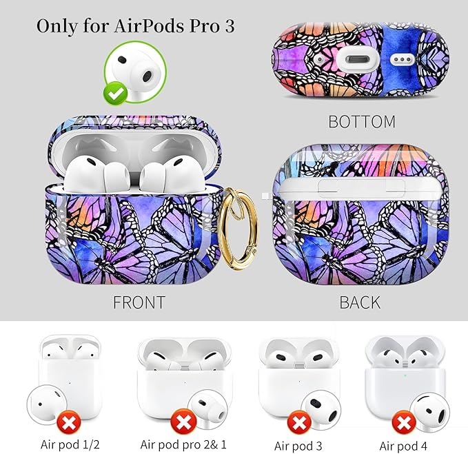 for AirPods Pro 3 Case, Compatible with AirPods Pro 3rd Generation Case (2025), Shockproof Protective Cover with Golden Carabine (Beautiful Butterfly Purple)