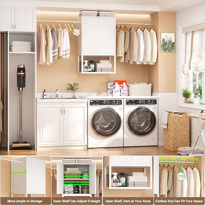 Homieasy Wall Cabinet with 2 Hanging Rods, 67'' Wide Laundry Wall Cabinet with 2 Doors, Open Rack & Adjustable Inner Shelf, Storage Cabinet Wall Mounted for Laundry & Bathroom, White