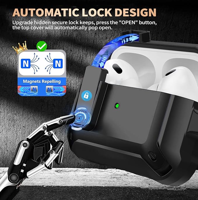 for Airpods Pro 3 Case with Magnetic Automatic Lock, Rugged Apple Airpods Pro 3rd Generation Cover 2025, Armor Shockproof iPod Pro3 Gen Protective Hard Shell with Carabiner&Cleaner kit, Black