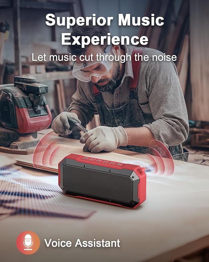 Bluetooth Jobsite Speaker with Magnet and Hook, 30H Working Time IPX6 Waterproof Speaker Plays Audio and Answers Calls Hands Free