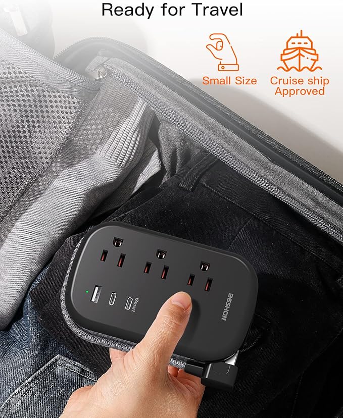 USB C Travel Power Strip, BESHON Ultra Flat Extension Cord, Flat Plug Power Strip, 3 Outlets with 3 USB Ports(2 USB C), 3.2ft Wrapped Around Extension Cord for Cruise Ship, Travel Essentials, Black