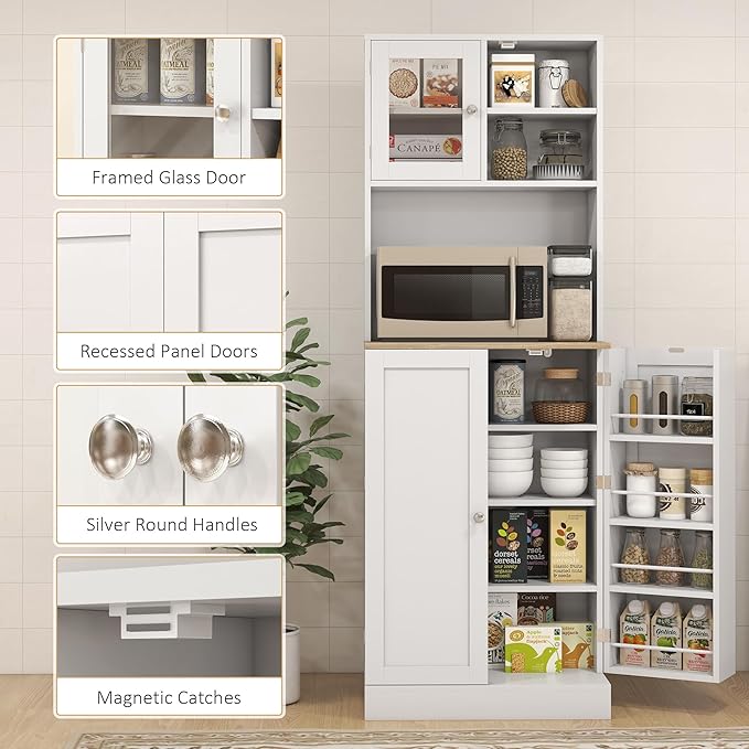 HOMCOM 67" Kitchen Pantry Cabinet with Microwave Shelf, Adjustable Shelves & 8 Door Storage, Modern Compact Kitchen Hutch, Freestanding Food Storage Cabinet with Glass Door for Dining Room, White