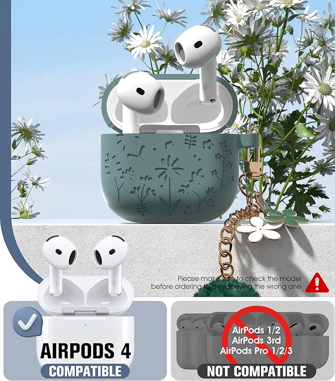 Seltureone Compatible with AirPods 4 Case Cute with Cherry Blossom Keychain and Cleaning Kit, Soft Silicone Shockproof Flower Engraved Cover Compatible with AirPod 4 Case Cover - Pine Green