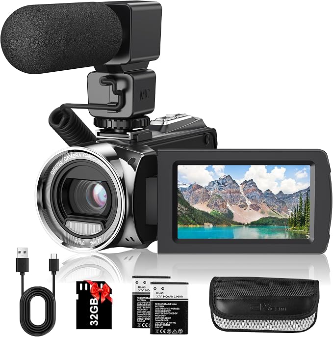 Video Camera Camcorder FHD 1080P 36MP Vlogging Camera for Youtube Video Recorder 3.0" 270 Degree Rotation Screen Video Cameras for Filming with Microphone,32GB SD Card and 2 Batteries